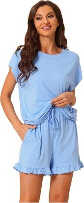 cheibear Women' Summer Soft Short Sleeve Top with Ruffle Short Lounge Pajama Set Light Blue X-Small