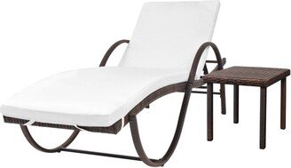 Sun Lounger with Cushion & Table Poly Rattan Brown - 76 x 25.6 x 22