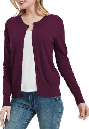 Huuloo Women's Crew Neck Button Down Long Sleeve Cardigan Sweater Rose Violet