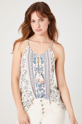 Women's Ornate Floral Print Tassel Cami in White Large