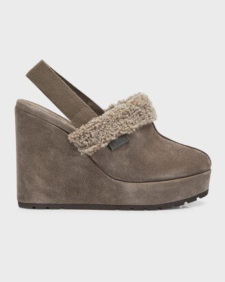 Suede Shearling Wedge Slingback Clogs