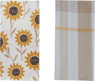 Sunflower Print Dishtowel and Sunflower Plaid Dishtowel Bundle of 2