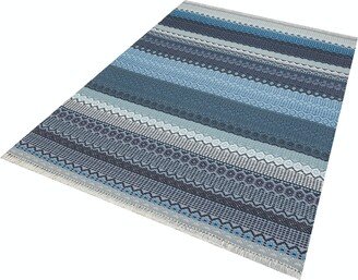 striped Cotton Rug in Tones Of Blue, Distressed Area Rug, Contemporary Modern Unique Design