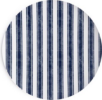 Salad Plates: Vertical French Ticking Textured Pinstripes In Dark Midnight Navy And White Salad Plate, Blue