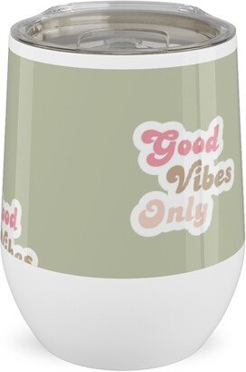 Travel Mugs: Seventies Retro Good Vibes Only Stainless Steel Travel Tumbler, 12Oz, Green