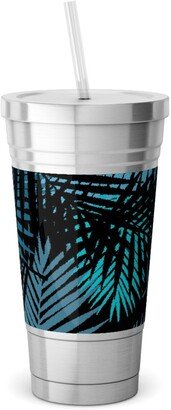 Travel Mugs: Tropical Leaves - Blue And Green Stainless Tumbler With Straw, 18Oz, Blue