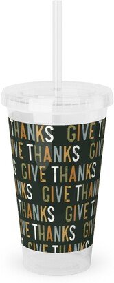 Travel Mugs: Give Thanks Acrylic Tumbler With Straw, 16Oz, Green