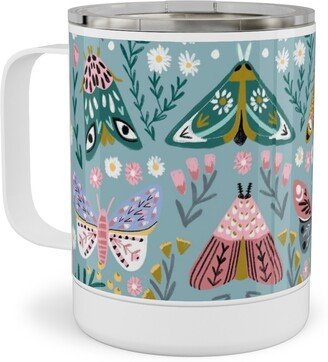 Travel Mugs: Spring Floral And Butterflies - Blue Stainless Steel Mug, 10Oz, Multicolor