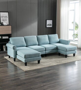 RASOO U-shape Sectional Sofa 4 Seater Polyester Sofa Lounge Chaise Couch with Ottoman-AA