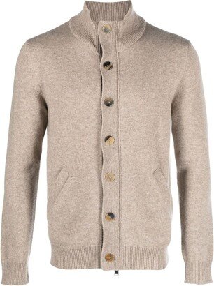 Leather-Trimmed Cashmere Cardigan-AA