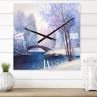 Designart 'Winter Scenery With Bridge Of Meandering River III' Lake House Large Wall Clock