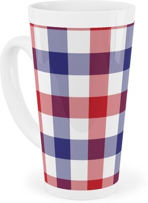 Mugs: Red White And Blue Gingham Checks Tall Latte Mug, 17Oz, Multicolor