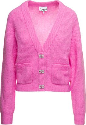 Pink Cardigan With Rhinestone Branded Buttons In Alpaca E Merino Blend Woman