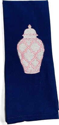 Towel - Chinoiserie Pink Ginger Jar Embroidered Design Kitchen Bath Home Decor