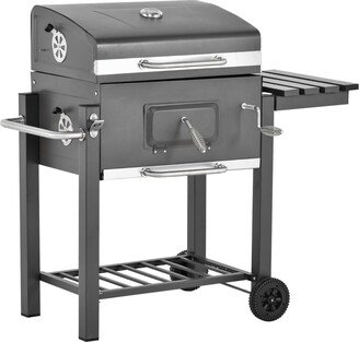 Charcoal Bbq Grill, Outdoor Portable Cooker for Camping, Picnic or Backyard with Side Shelf, Bottom Storage Shelf, Wheels and Handle, Grey