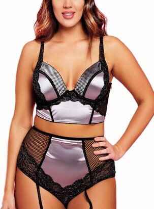 Women's Fleur Plus Size Metallic Bra and Panty Lingerie Set with Removable Garter, 2 Piece