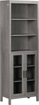 kleankin Tall Bathroom Storage Cabinet with 3 Tier Shelf, Glass Door Cupboard, Freestanding Linen Tower with Adjustable Shelves, Gray Wood Grain