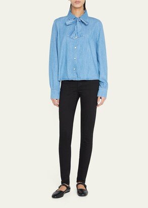 Harlow Button-Front Self-Tie Denim Blouse