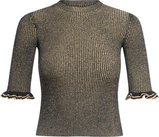 Ruched Ribbed-Knitted Crewneck Blouse