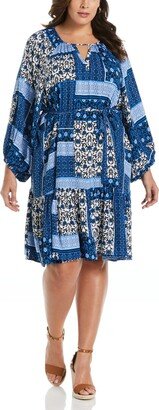 Ella Rafaella Plus Size Paisley Print Flounce Long Sleeve Dress with Self Fabric Tie