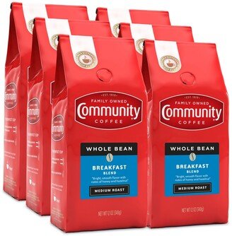 Community Coffee Breakfast Blend Medium Roast Premium Whole Bean Coffee, 12 Oz - 6 Pack