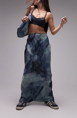 Abstract Print Bias Cut Satin Maxi Skirt