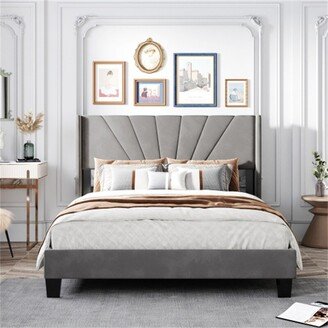 AOOLIVE Queen Size Wooden Velvet Platform Bed, Box Spring Needed - Gray