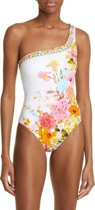 Floral Crystal Embellished One-Shoulder One-Piece Swimsuit