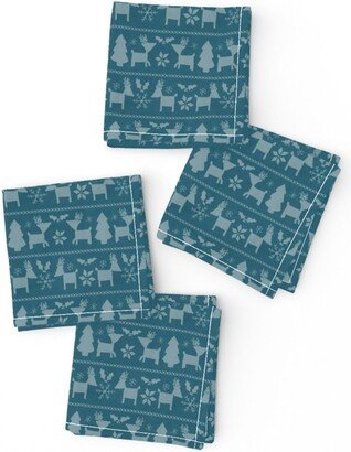 Fairisle Cocktail Napkins | Set Of 4 - Winter Blue Reindeer By Cateandrainn Holiday Christmas Simple Cloth Spoonflower