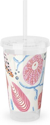 Travel Mugs: Seashells - Pink Acrylic Tumbler With Straw, 16Oz, Multicolor