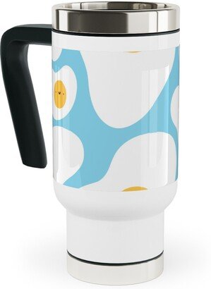 Travel Mugs: Cute Fried Eggs - Blue Travel Mug With Handle, 17Oz, Blue