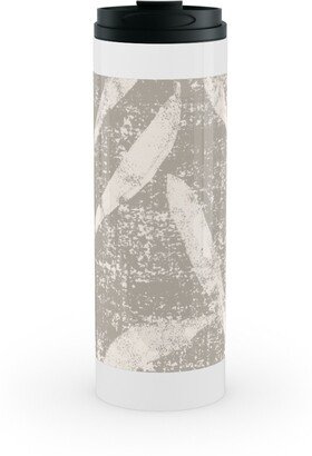 Travel Mugs: Grass Cloth With Leaves - Gray And Cream Stainless Mug, White, 16Oz, Beige