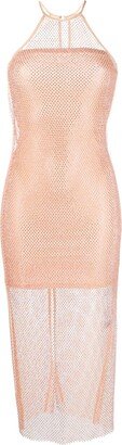 Rhinestone-Embellished Mesh Midi Dress-AA