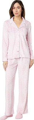 Petite Novelties Minky Fleece Long Sleeve Girlfriend PJ Set with Socks (Winter Brocade/Pink) Women's Pajama Sets