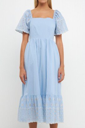 Women's Embroidered Midi with Scalloped Hem Dress