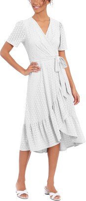 Petite Eyelet Faux-Wrap Midi Dress