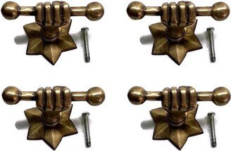 4 Large 2.1/2 Inch Fist Star Hand Pulls Solid Brass Hand 6.6cm Long Cabinet Door Knobs Old Style Polished Brass Bronze Patina