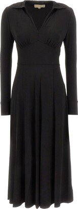 Long Sleeved V-Neck Midi Dress-AA