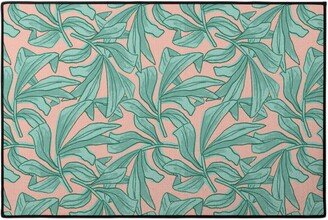 Door Mats: Lush Tropical Leaves - Pink And Mint Door Mat, Green