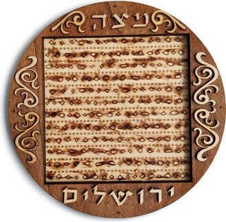 Royal Wood Design Round Shape Poplar Matzah Plate, Golden Pesach Plate Made Of Tree With Cut Out Degsin & Hebrew Blessing