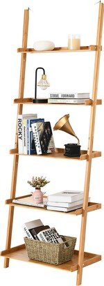 5-Tier Ladder Shelf Bamboo Bookshelf Wall-Leaning Storage - See Details