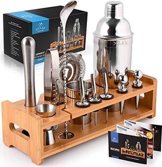 24 Piece Professional Stainless Steel Bartender Set with Bamboo Stand