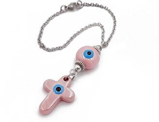 Cross Car Mirror Hanging Accessories, Evil Eye Rear View Charm, Hanger, Ornament, Pink Enamel Ceramic Charm & Bead