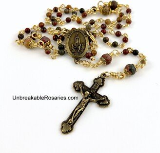 Bronze Virgin Of Fatima Rosary in Matte Picasso Jasper W Italian Medals By Unbreakable Rosaries