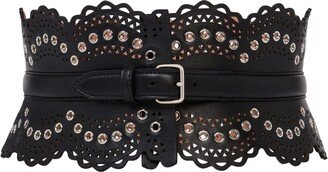 Black Perforated Leather Bustier Belt With Eyelets