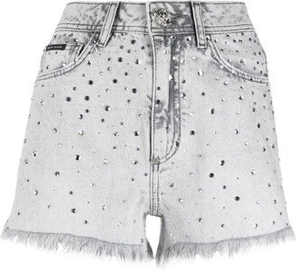 Frayed Crystal-Embellished Denim Shorts