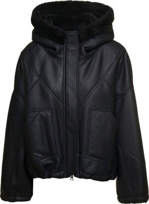 Black Cropped Hooded Shearling Jacket in Merino Woman