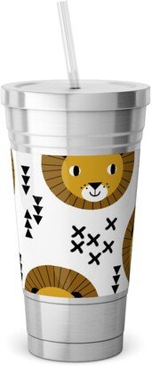 Travel Mugs: Happy Lion Safari Stainless Tumbler With Straw, 18Oz, Brown