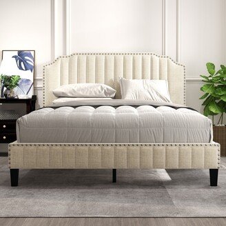 Calnod Modern and Chic: Queen Size Upholstered Platform Bed in Beige Linen with Nailhead Trim, Solid Wood Frame, Modern Design