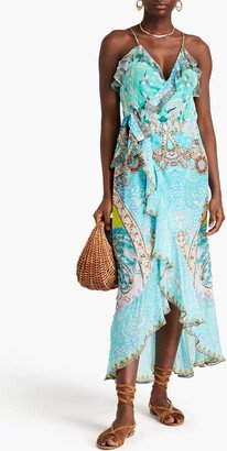 Embellished printed silk crepe de chine maxi wrap dress